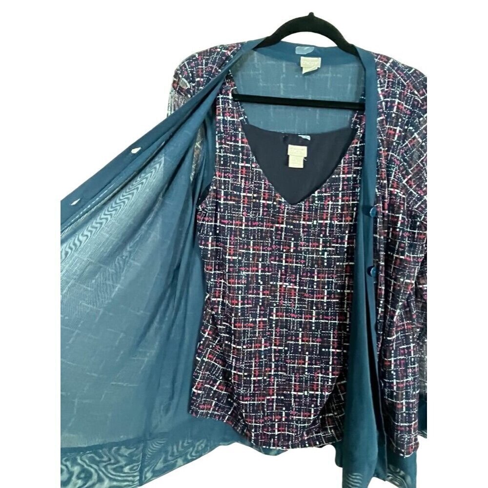 Chicos Plaid Sweater Set 12 Blue Workwear Preppy Boho Western Retro‎ Old Money - Picture 6 of 10